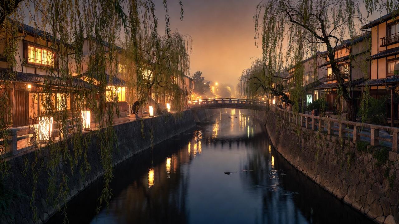Willow trees draping over the Shirakawa Canal beside traditional machiya houses