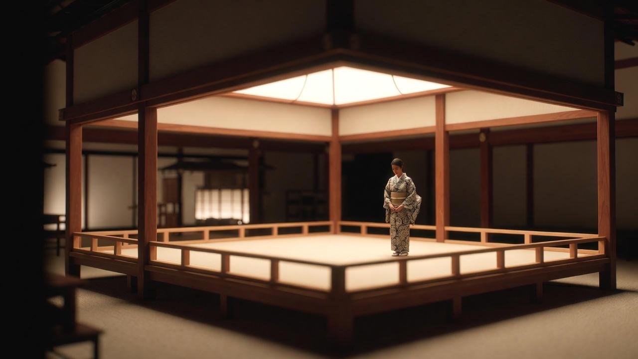 Traditional Japanese theater entrance with warm interior lighting in Gion