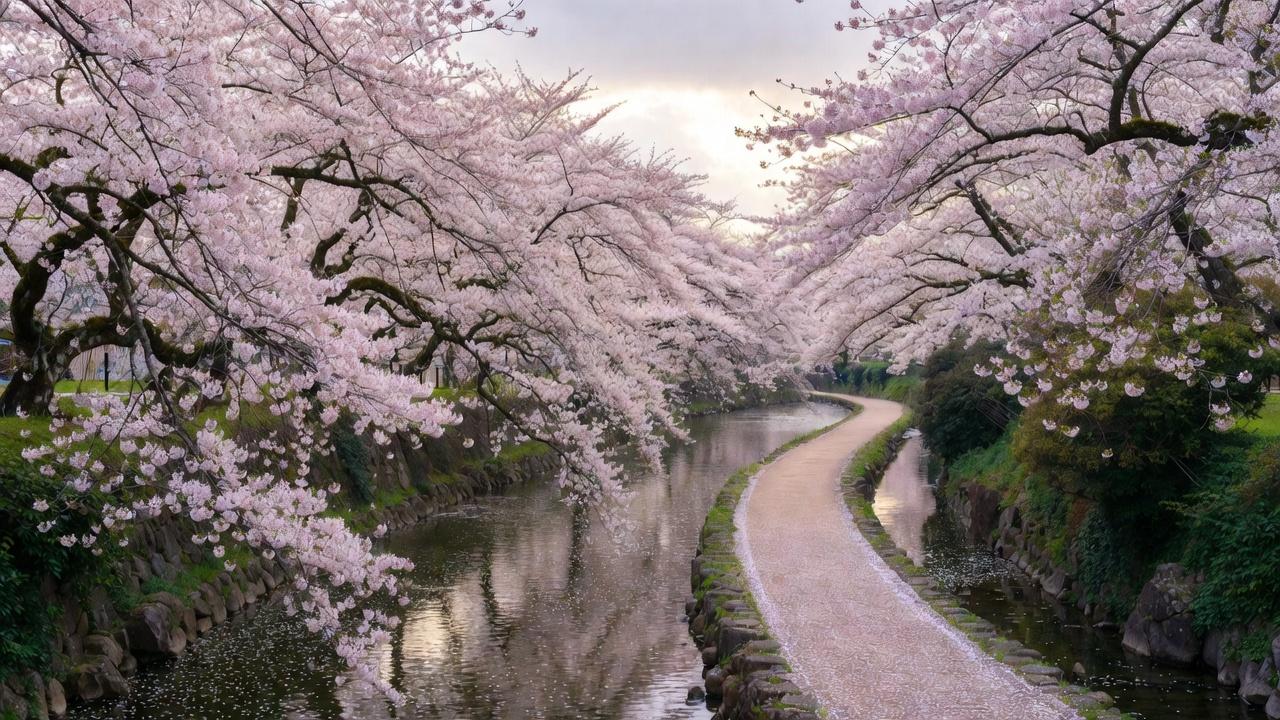 Tree-lined canal path through northern Kyoto temples at dawn