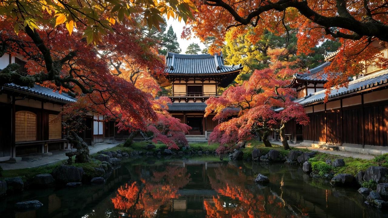 Kyoto temple reflected in a still pond surrounded by autumn foliage